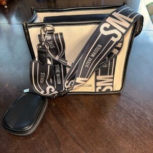 Steve Madden White and Black Canvas Crossbody with Branded Strap